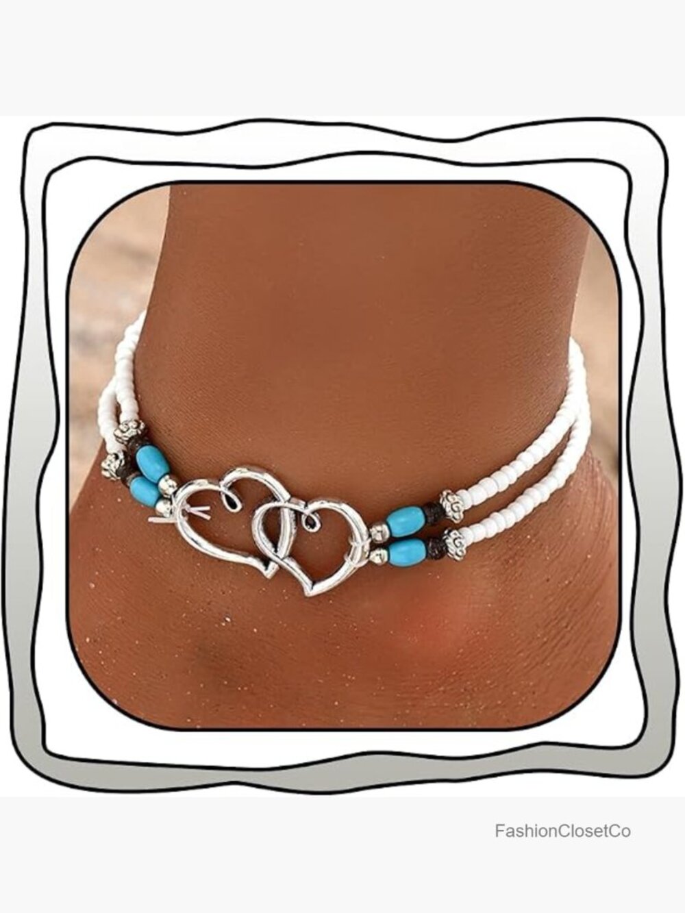 Boho Beaded Layered Double Heart Stretch Ankle Bracelet Dainty Summer Gift